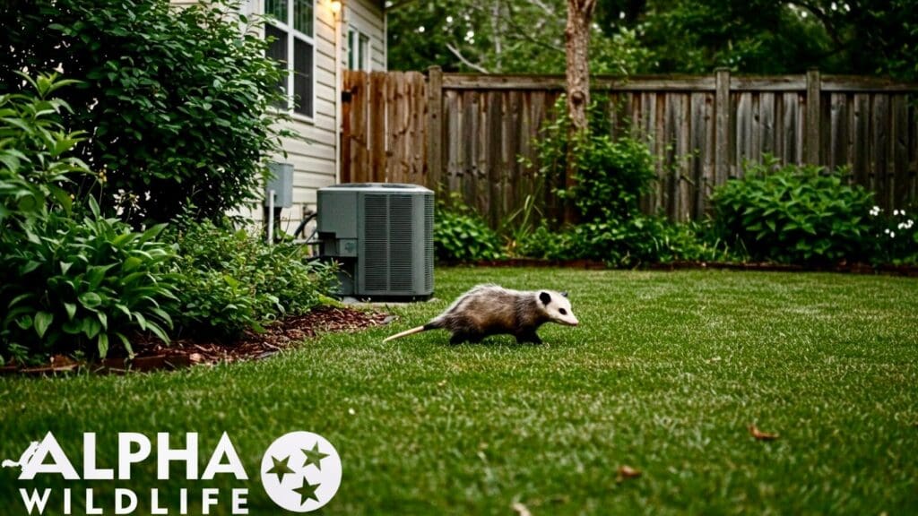 Opossum in the backyard of suburban home in Knoxville TN