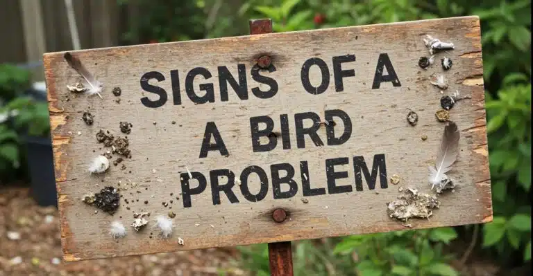 Sign that reads, "Signs of a bird problem"