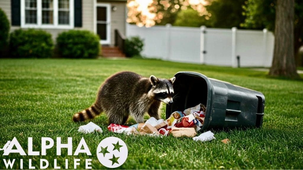 Raccoon next to a knocked over trash can