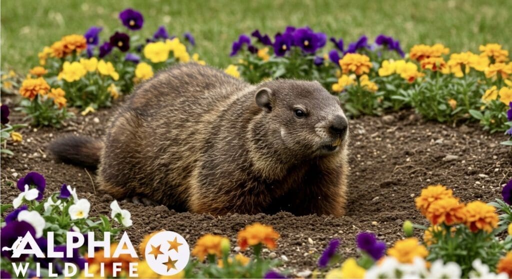 Woodchuck in flower bed in Belle Meade, TN