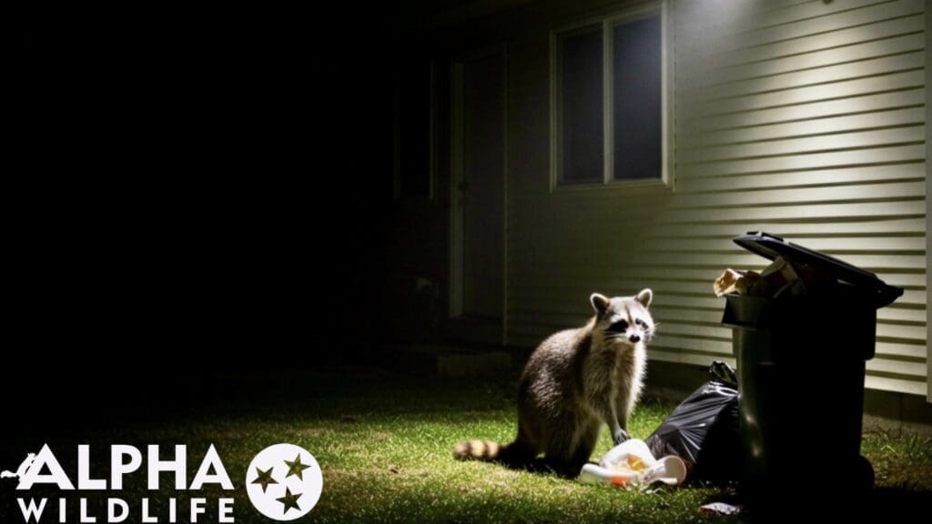 raccoon near garbage can 