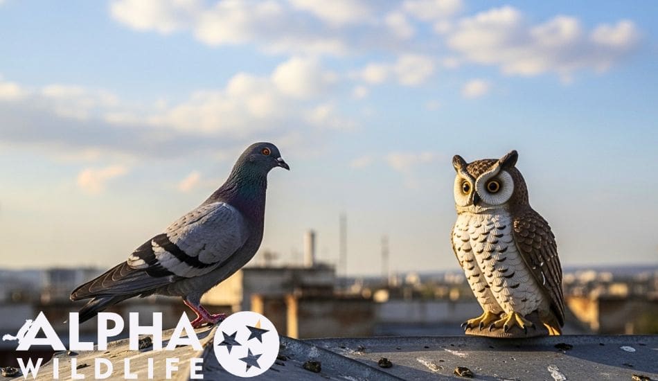 pigeon looking at fake Owl on rooftop 